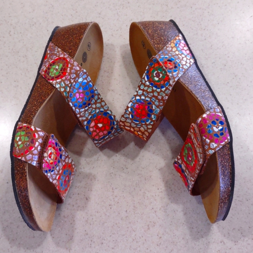 Eric Michael Liat Tan Mosaic Leather Wedge Dual Strap Slide Sandal Size 40/9 EUC - Picture 4 of 10